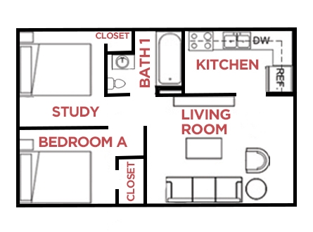 1 1/2 bed- 1 bath Floor Plan - The Summit at the River