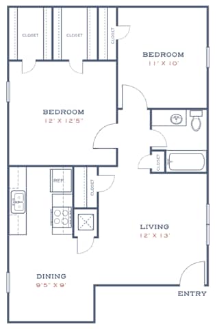 B1 - 2BD, 1BA - 930SF - The Ruston