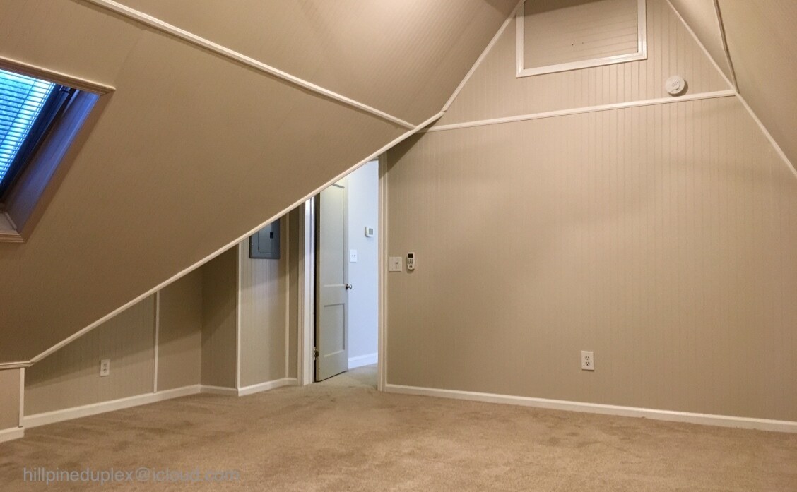 Main bedroom with vaulted ceiling and skylight. - 629 Hillpine Dr NE