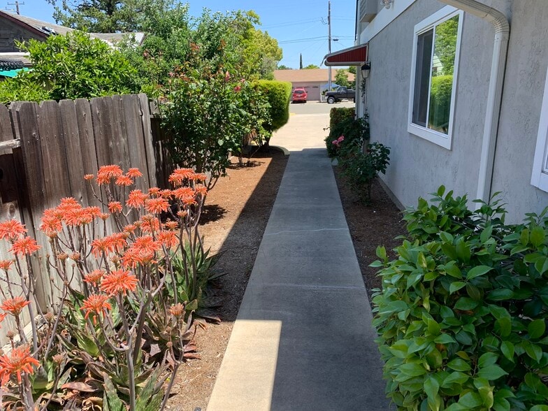 Walkway on side of building with motion detector lighting. - 375 N M St
