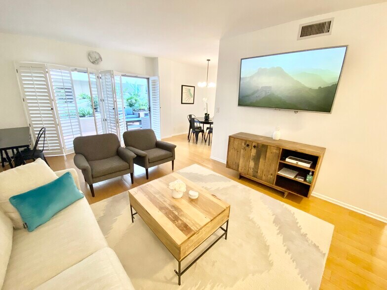 Furnished Living Room with flatscreen, desk, patio doors - 1131 Alta Loma Rd