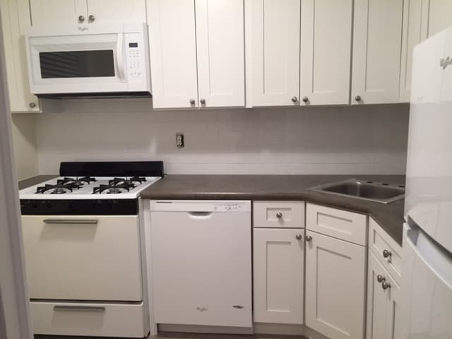Kitchen with stone counters, corner sink, dishwasher, microwave - 444 Bedford Street