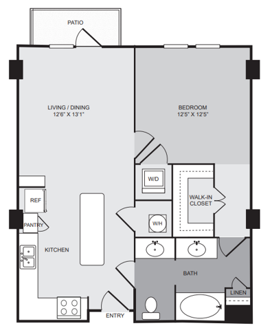 1 bedroom 1 bath apartment with kitchen island, patio, walk in closet and 797 sq ft - Cantabria at Turtle Creek closed