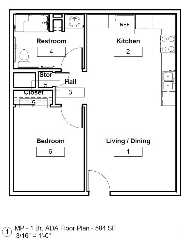 One Bedroom ADA Floor Plan - Three Sisters Apts - Income Restrictions