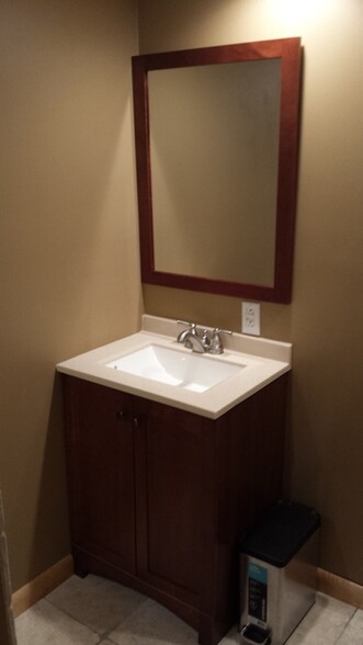 Vanity in renovated full lower-level guest bathroom - 519 N Payne St