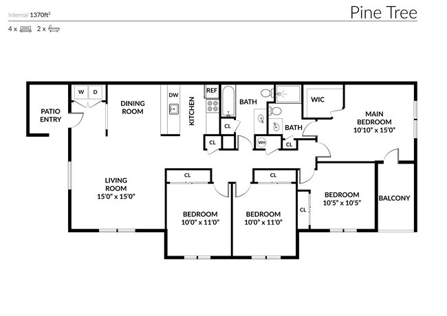 4 Beds, 2 Bath - 1370 sq. ft. - Pine Tree Apartments
