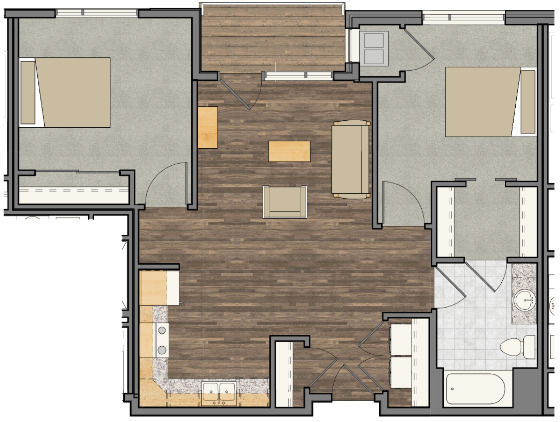 Two Bedroom, One Bathroom 914 sq. ft. - Glen Grove Apartments