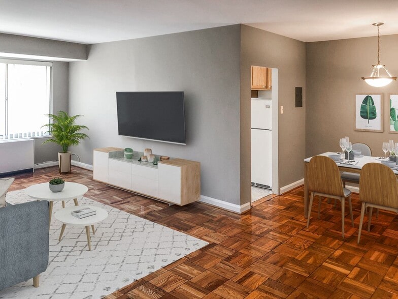Two-bedroom apartment living and dining area (virtually staged) - Idaho Terrace