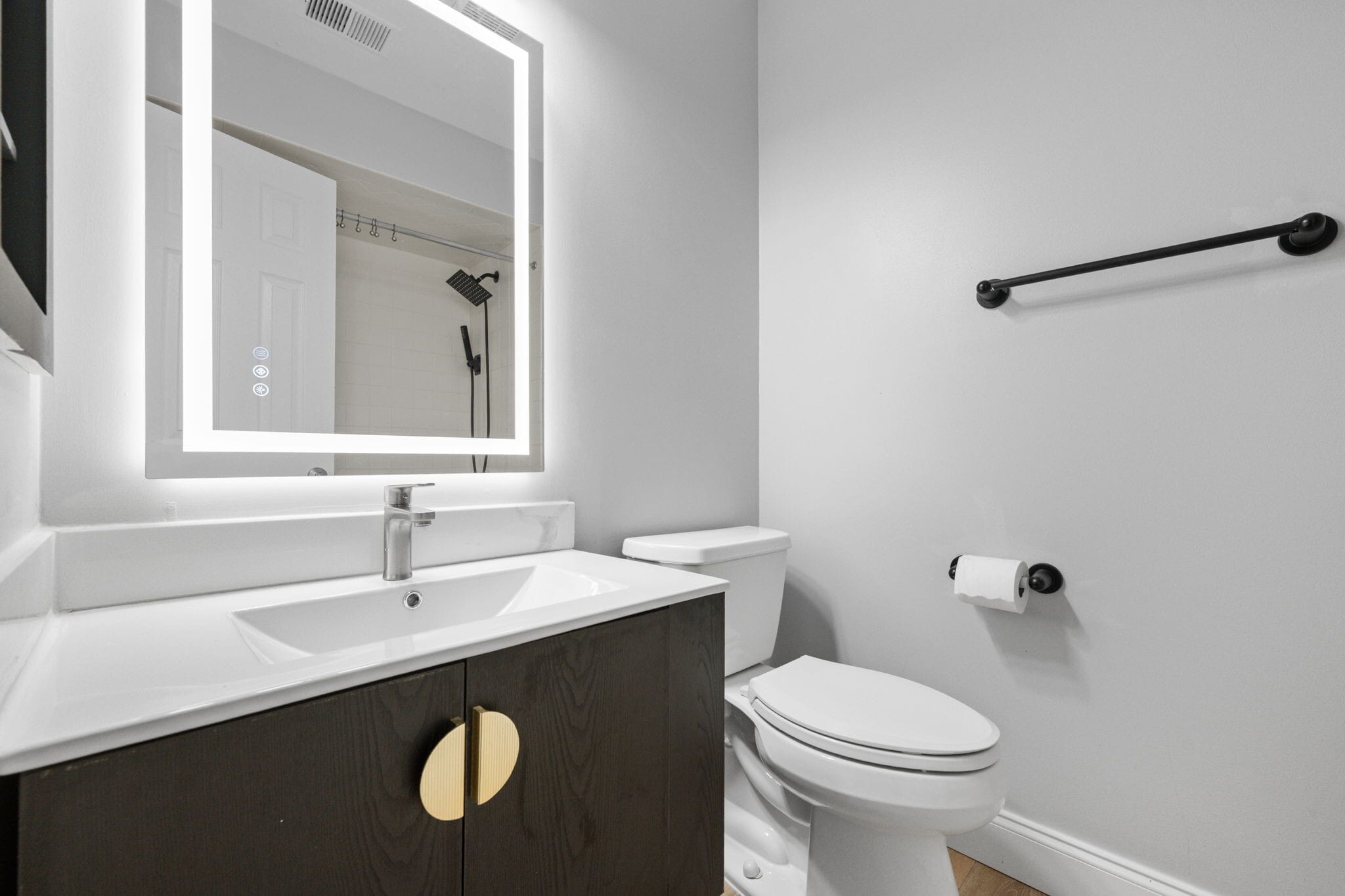 Guest Bath-Floating vanity with anti-fog LED mirror - 412 Egret Ln