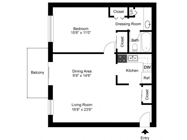 One bedroom floor plan - Gayley Park Apartments