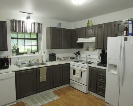 Kitchen with dishwasher, range, and ice dispensing fridge/freezer. Forest view. - 9 Cardinal Dr