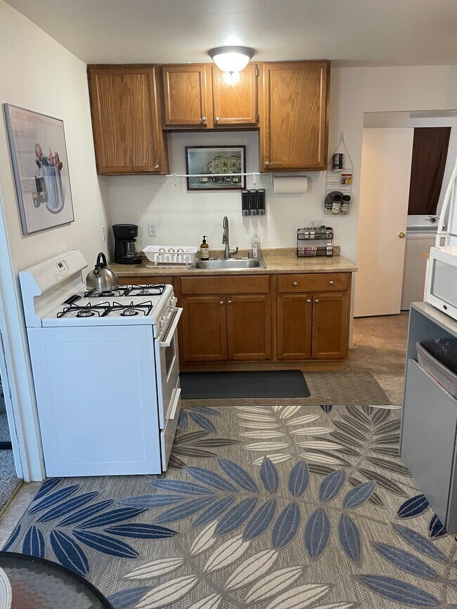 Kitchen- stove, cabinets, door to W/D - 27 Graceland Dr