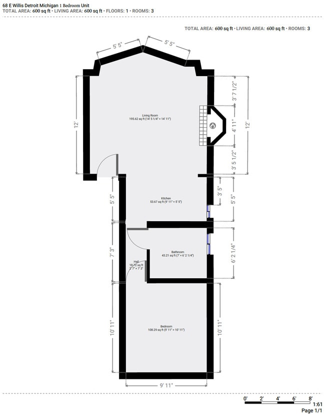 1 Bedroom Front Floor Plan - 68 E Willis St